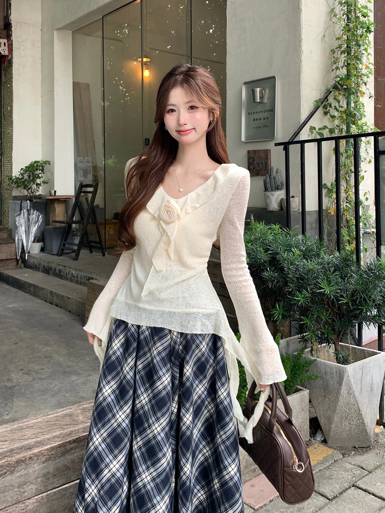 실사 정가 부드러운 바람 봄 새로운 세트 디자인 센스 Chic 꽃 맨위 레트로 체크무늬 다용도 반 스커트