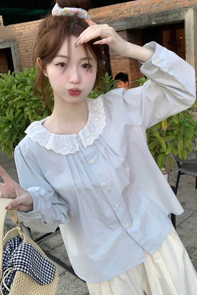실사 정가 한국 스타일 가을 새로운 맨위 디자인 센스 달콤함 학원 스타일 레이스 베이비 칼라 다용도 셔츠 이미지 6