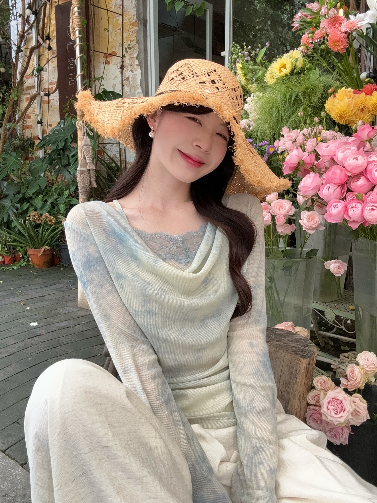 실사 봄 새로운 순수한 욕망 바람 홀치기 염색 맨위 디자인 센스 레이스 레이스 흔들다 칼라 작은 심장 기계 페이크 레이어드 티셔츠