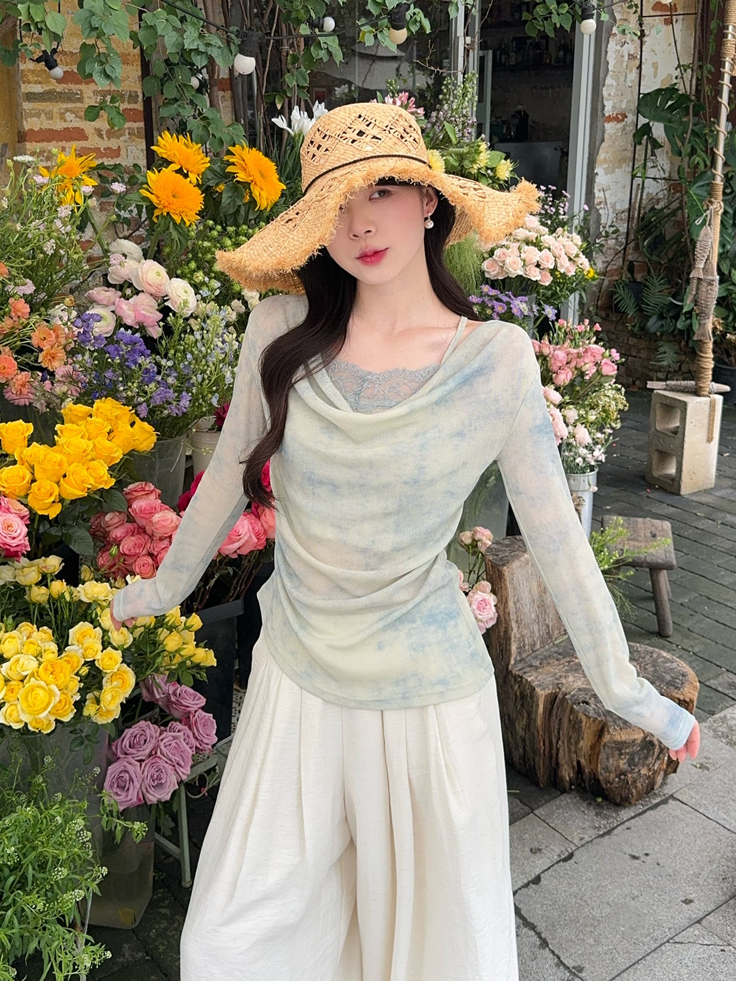 실사 봄 새로운 순수한 욕망 바람 홀치기 염색 맨위 디자인 센스 레이스 레이스 흔들다 칼라 작은 심장 기계 페이크 레이어드 티셔츠 이미지 3