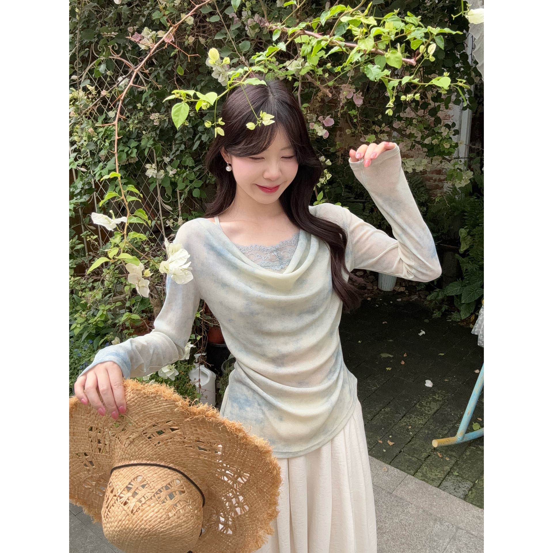 실사 봄 새로운 순수한 욕망 바람 홀치기 염색 맨위 디자인 센스 레이스 레이스 흔들다 칼라 작은 심장 기계 페이크 레이어드 티셔츠 이미지 5