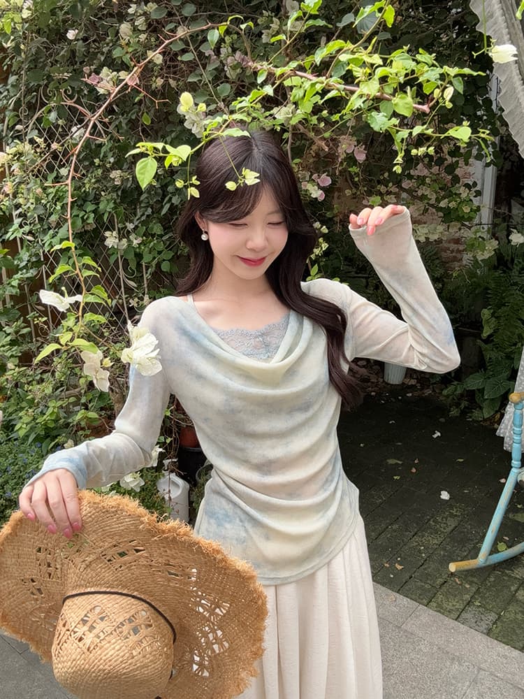 실사 봄 새로운 순수한 욕망 바람 홀치기 염색 맨위 디자인 센스 레이스 레이스 흔들다 칼라 작은 심장 기계 페이크 레이어드 티셔츠 상세 이미지 4