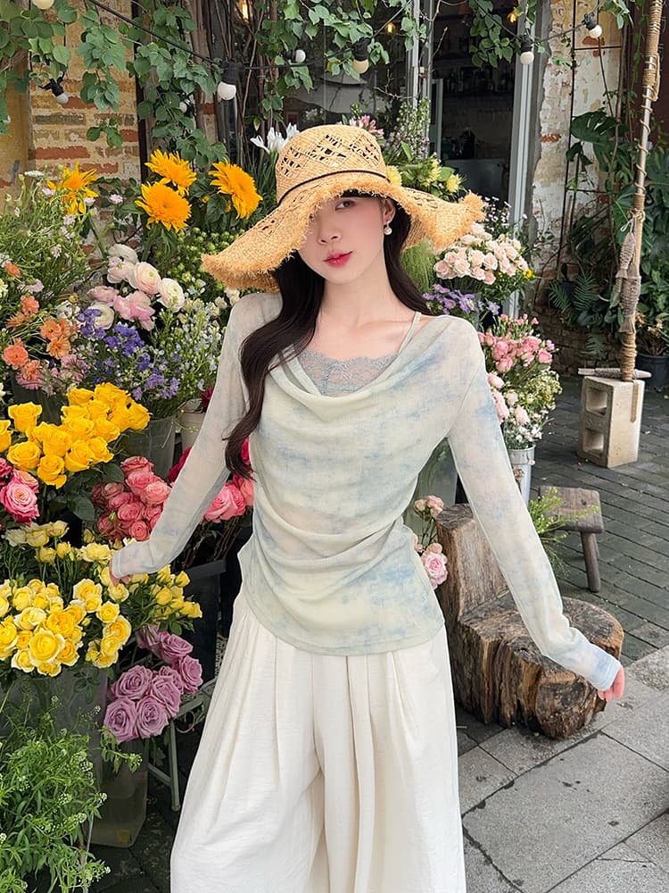 실사 봄 새로운 순수한 욕망 바람 홀치기 염색 맨위 디자인 센스 레이스 레이스 흔들다 칼라 작은 심장 기계 페이크 레이어드 티셔츠 상세 이미지 9