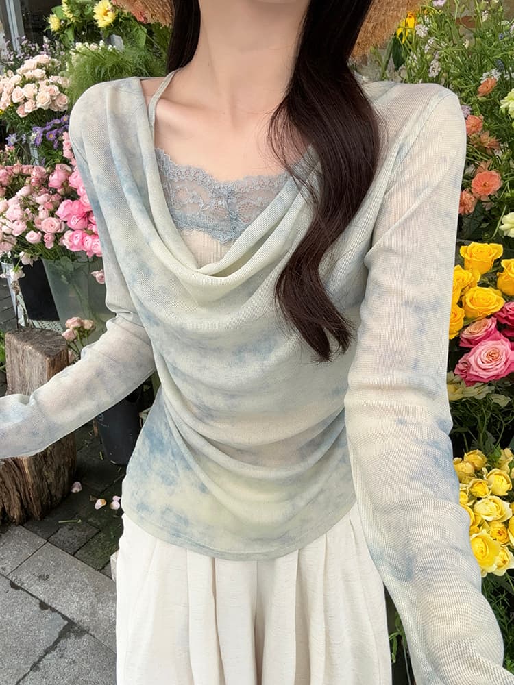 실사 봄 새로운 순수한 욕망 바람 홀치기 염색 맨위 디자인 센스 레이스 레이스 흔들다 칼라 작은 심장 기계 페이크 레이어드 티셔츠 상세 이미지 14