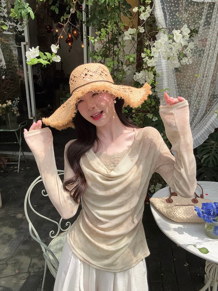실사 봄 새로운 순수한 욕망 바람 홀치기 염색 맨위 디자인 센스 레이스 레이스 흔들다 칼라 작은 심장 기계 페이크 레이어드 티셔츠 상세 이미지 18