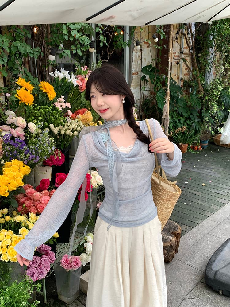 실사 정가 순수한 욕망 바람 봄 새로운 맨위 디자인 센스 레이스 리본 Chic 행침 목 페이크 레이어드 작은 셔츠 상세 이미지 3