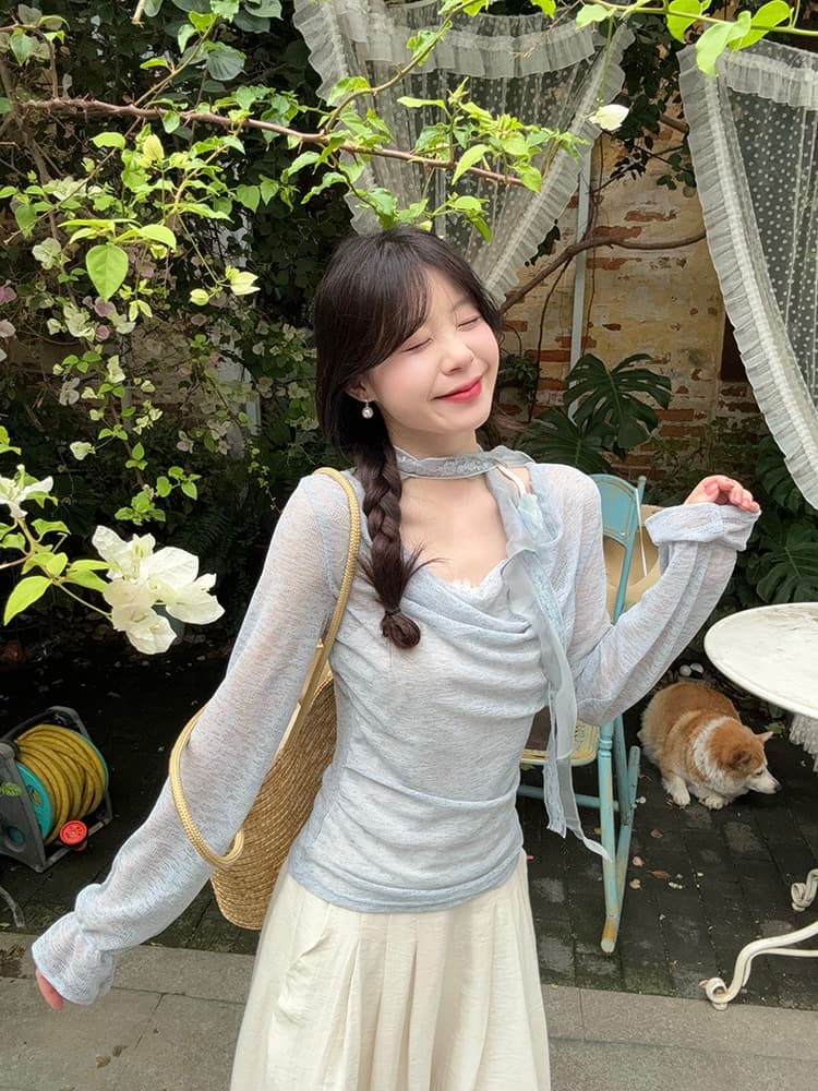 실사 정가 순수한 욕망 바람 봄 새로운 맨위 디자인 센스 레이스 리본 Chic 행침 목 페이크 레이어드 작은 셔츠 상세 이미지 4
