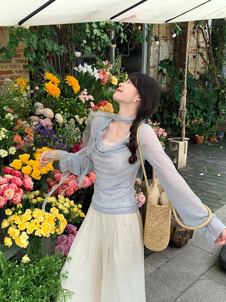 실사 정가 순수한 욕망 바람 봄 새로운 맨위 디자인 센스 레이스 리본 Chic 행침 목 페이크 레이어드 작은 셔츠 상세 이미지 9