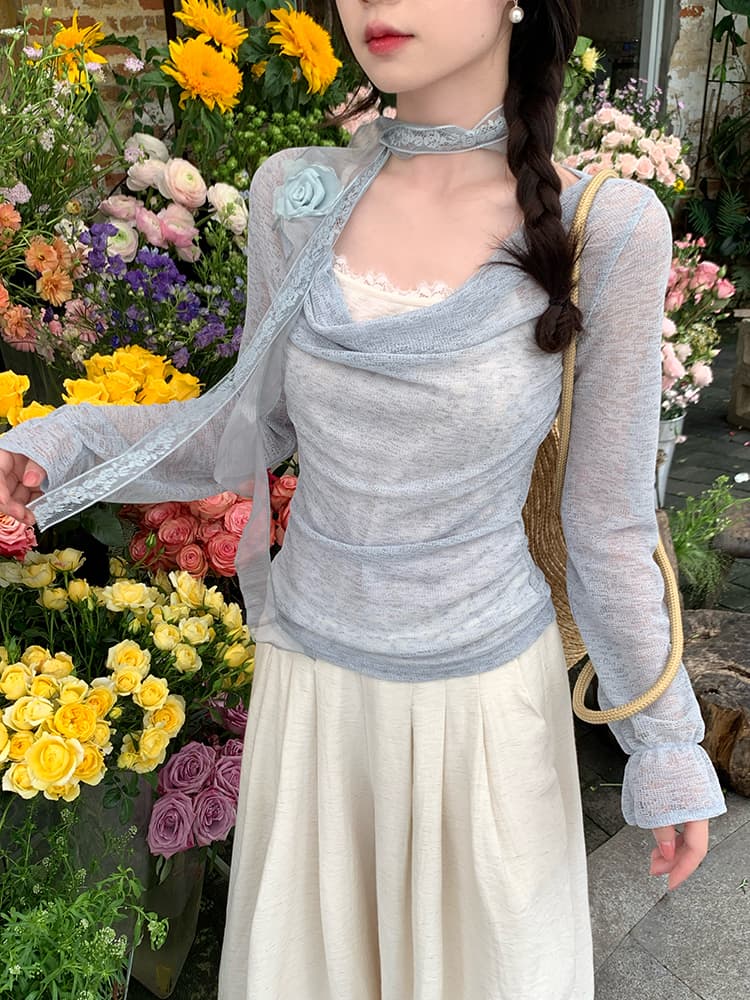 실사 정가 순수한 욕망 바람 봄 새로운 맨위 디자인 센스 레이스 리본 Chic 행침 목 페이크 레이어드 작은 셔츠 상세 이미지 10