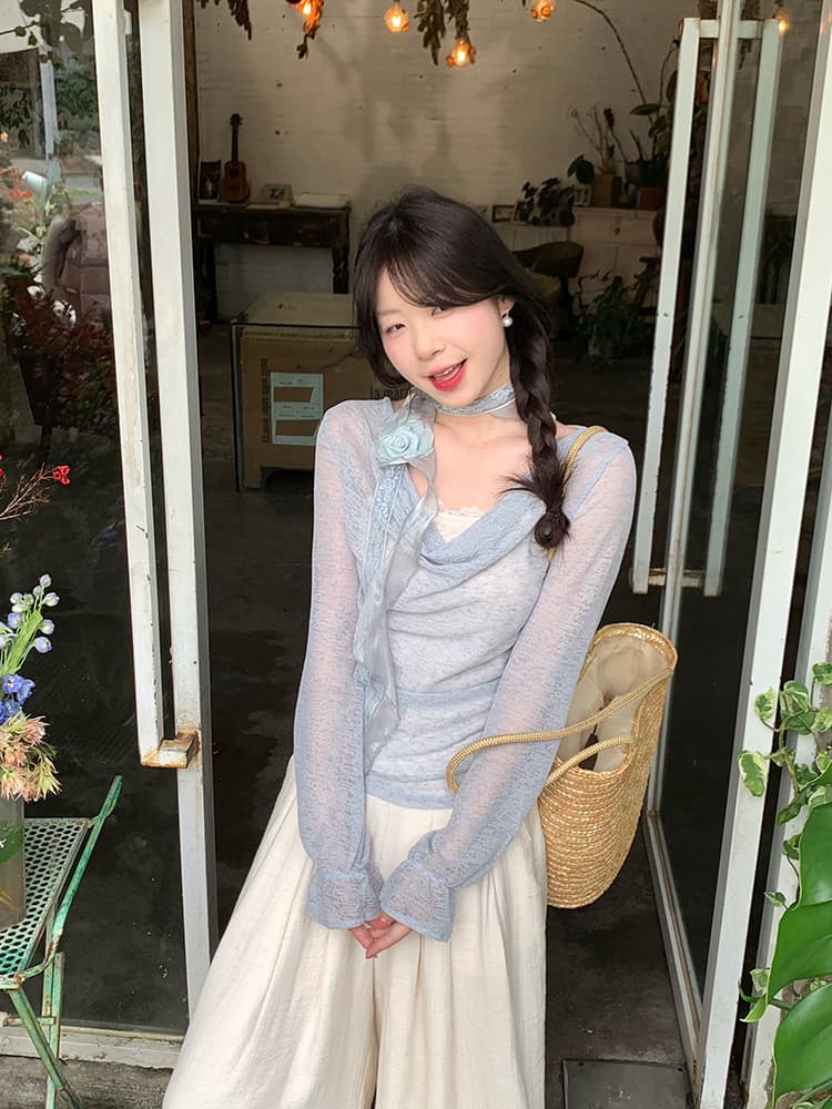 실사 정가 순수한 욕망 바람 봄 새로운 맨위 디자인 센스 레이스 리본 Chic 행침 목 페이크 레이어드 작은 셔츠 상세 이미지 11