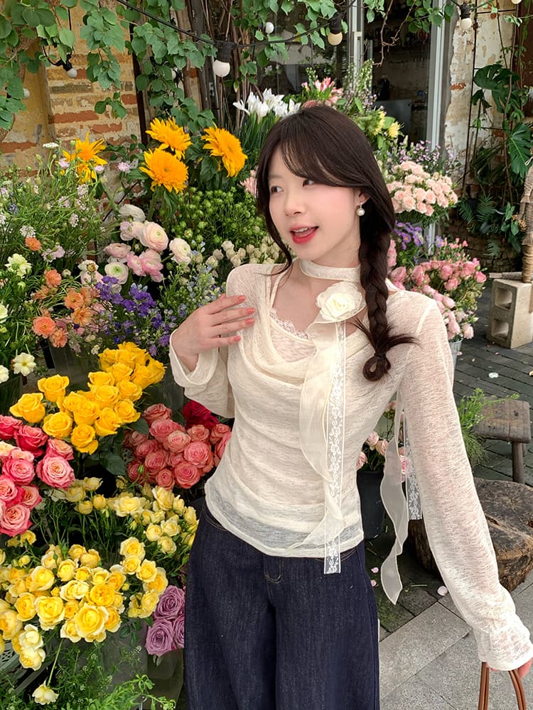 실사 정가 순수한 욕망 바람 봄 새로운 맨위 디자인 센스 레이스 리본 Chic 행침 목 페이크 레이어드 작은 셔츠 상세 이미지 20