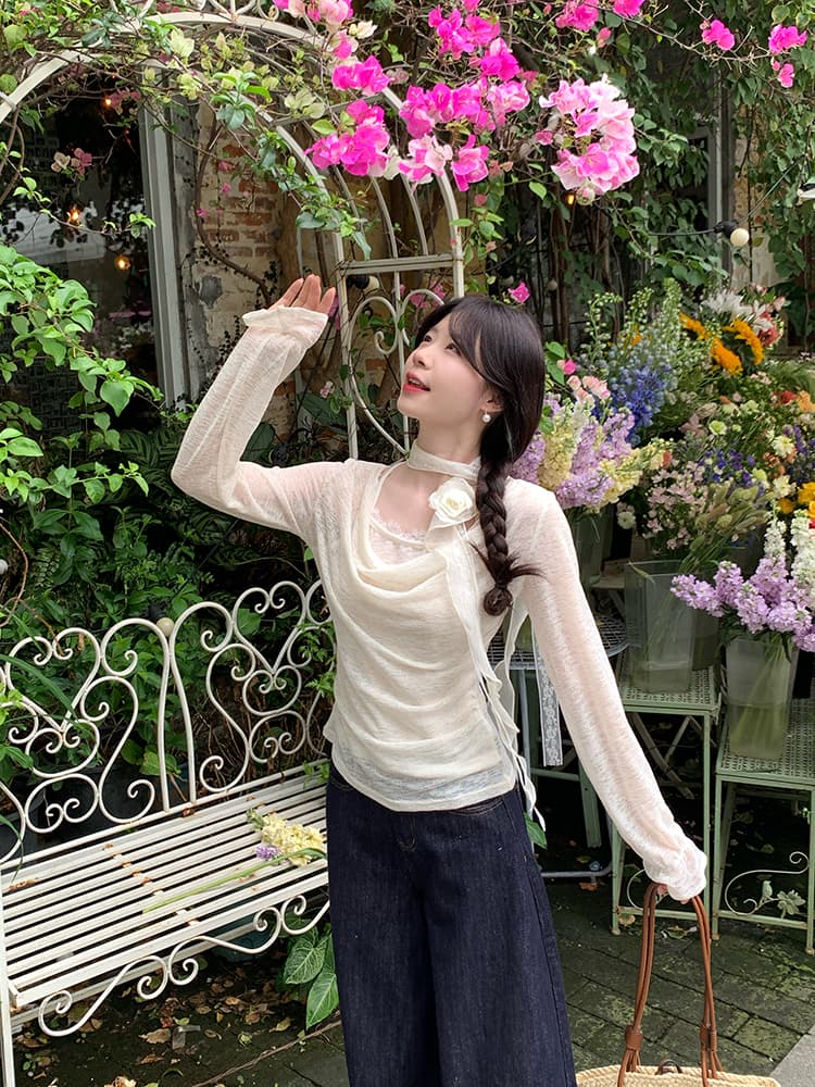 실사 정가 순수한 욕망 바람 봄 새로운 맨위 디자인 센스 레이스 리본 Chic 행침 목 페이크 레이어드 작은 셔츠 상세 이미지 21