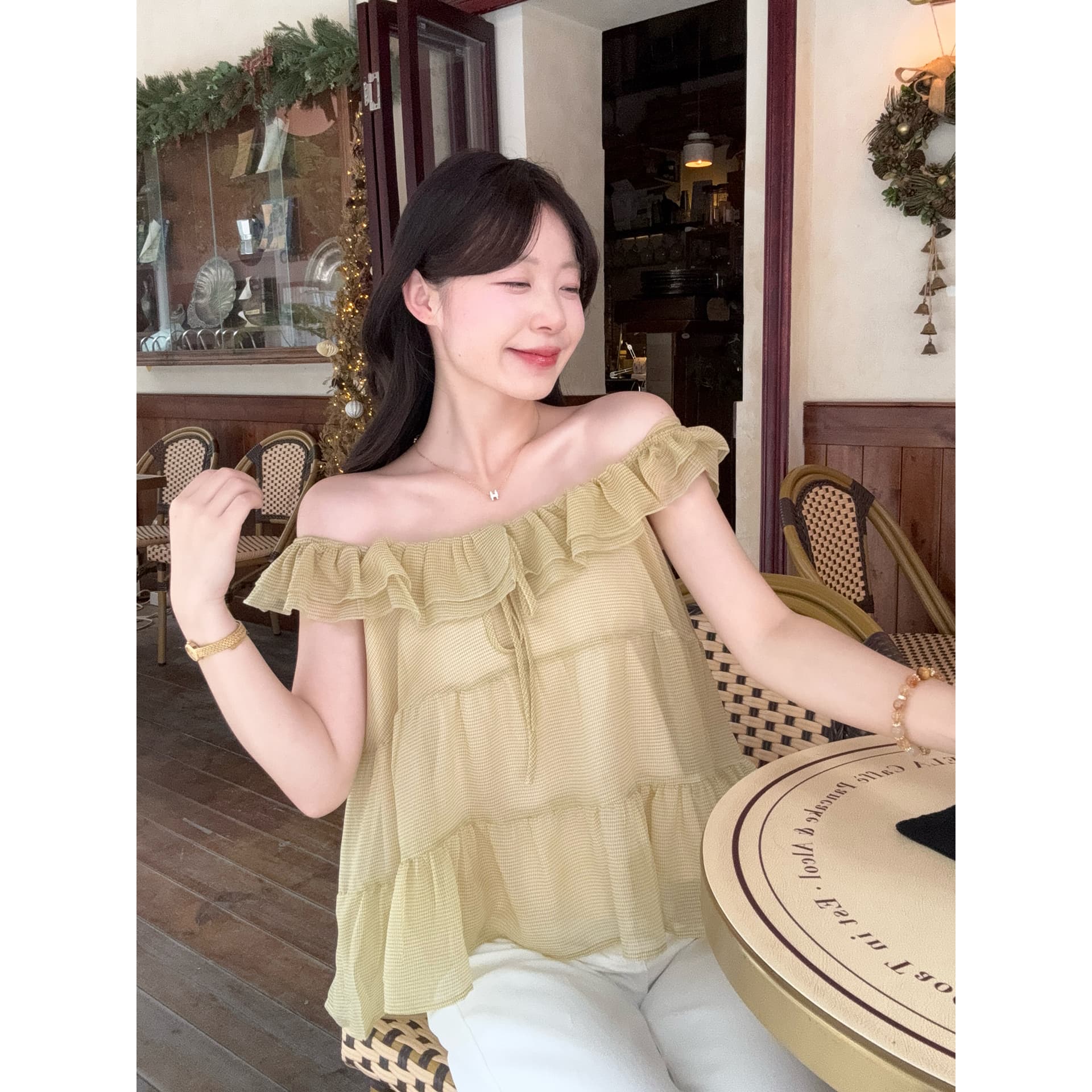 실사 정가 순수한 욕망 바람 여름 새로운 맨위 디자인 센스 프릴 보트넥 Chic 체크무늬 쉬폰 블라우스 이미지 5