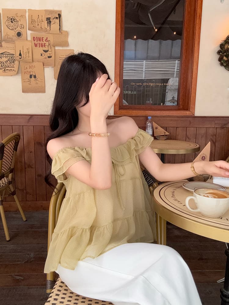 실사 정가 순수한 욕망 바람 여름 새로운 맨위 디자인 센스 프릴 보트넥 Chic 체크무늬 쉬폰 블라우스 상세 이미지 5
