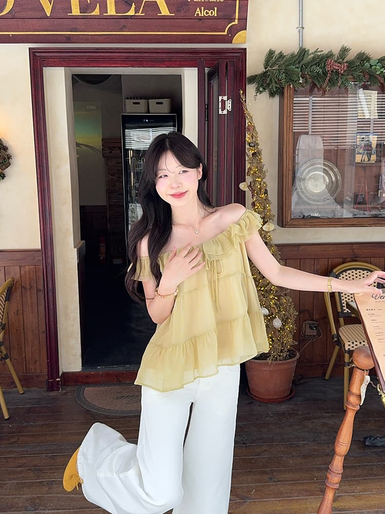 실사 정가 순수한 욕망 바람 여름 새로운 맨위 디자인 센스 프릴 보트넥 Chic 체크무늬 쉬폰 블라우스 상세 이미지 10