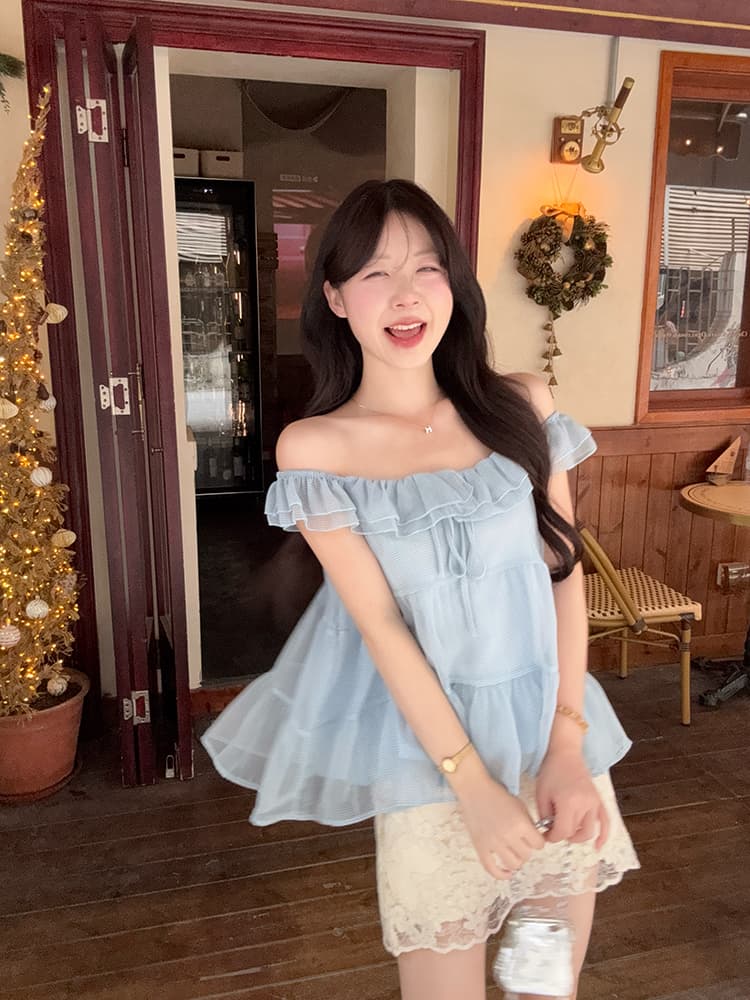 실사 정가 순수한 욕망 바람 여름 새로운 맨위 디자인 센스 프릴 보트넥 Chic 체크무늬 쉬폰 블라우스 상세 이미지 19