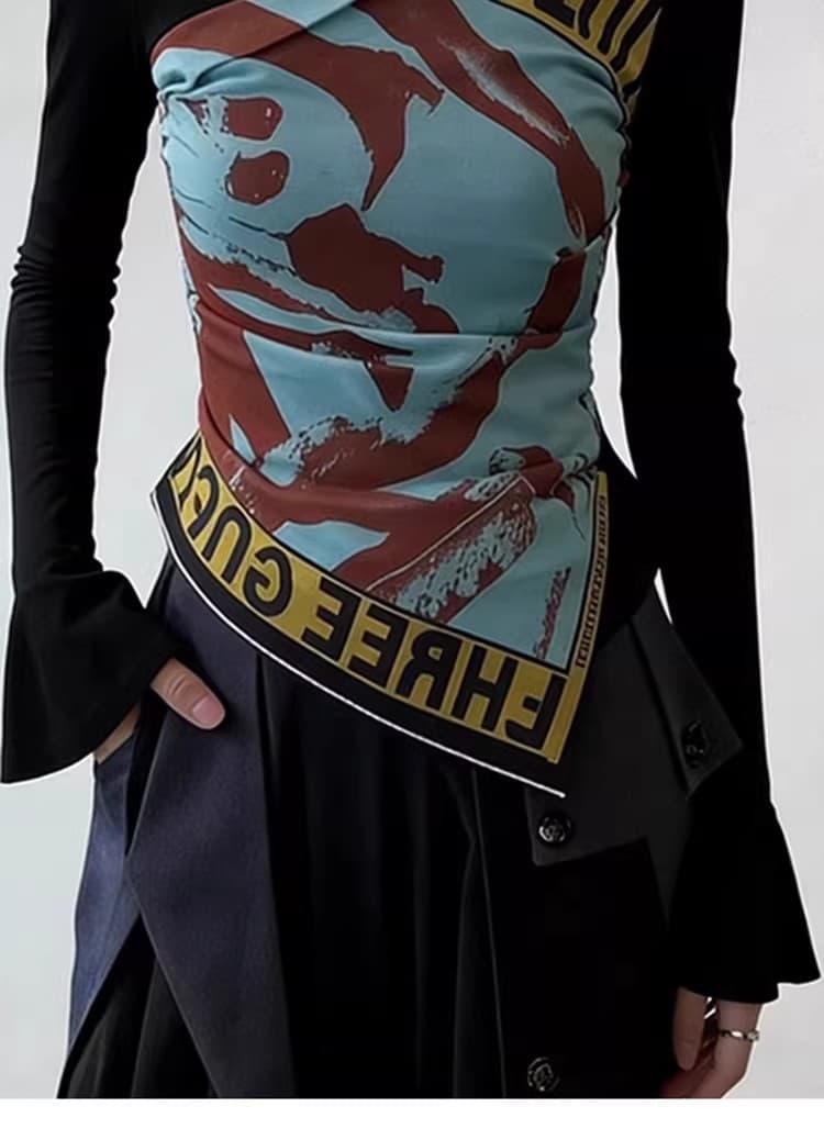 아메리칸 낙서 프린트 검정색 라운드 넥 티셔츠 여성 봄 가을 디자인 센스 불규칙 인사이드 가져 가라. 기본 셔츠 긍정적 인 어깨 의류 이미지 4