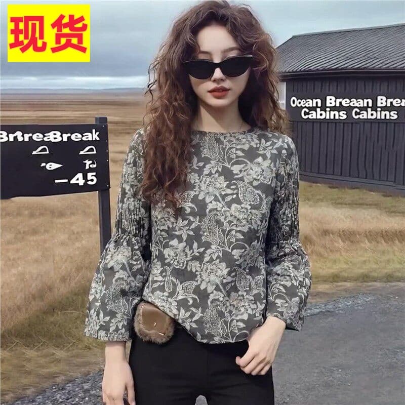 회색 법률 시스템 레트로 프린트 라운드 넥 긴팔 여성 셔츠 2026 봄 새로운 우아함 품격 빅 사이즈 맨위