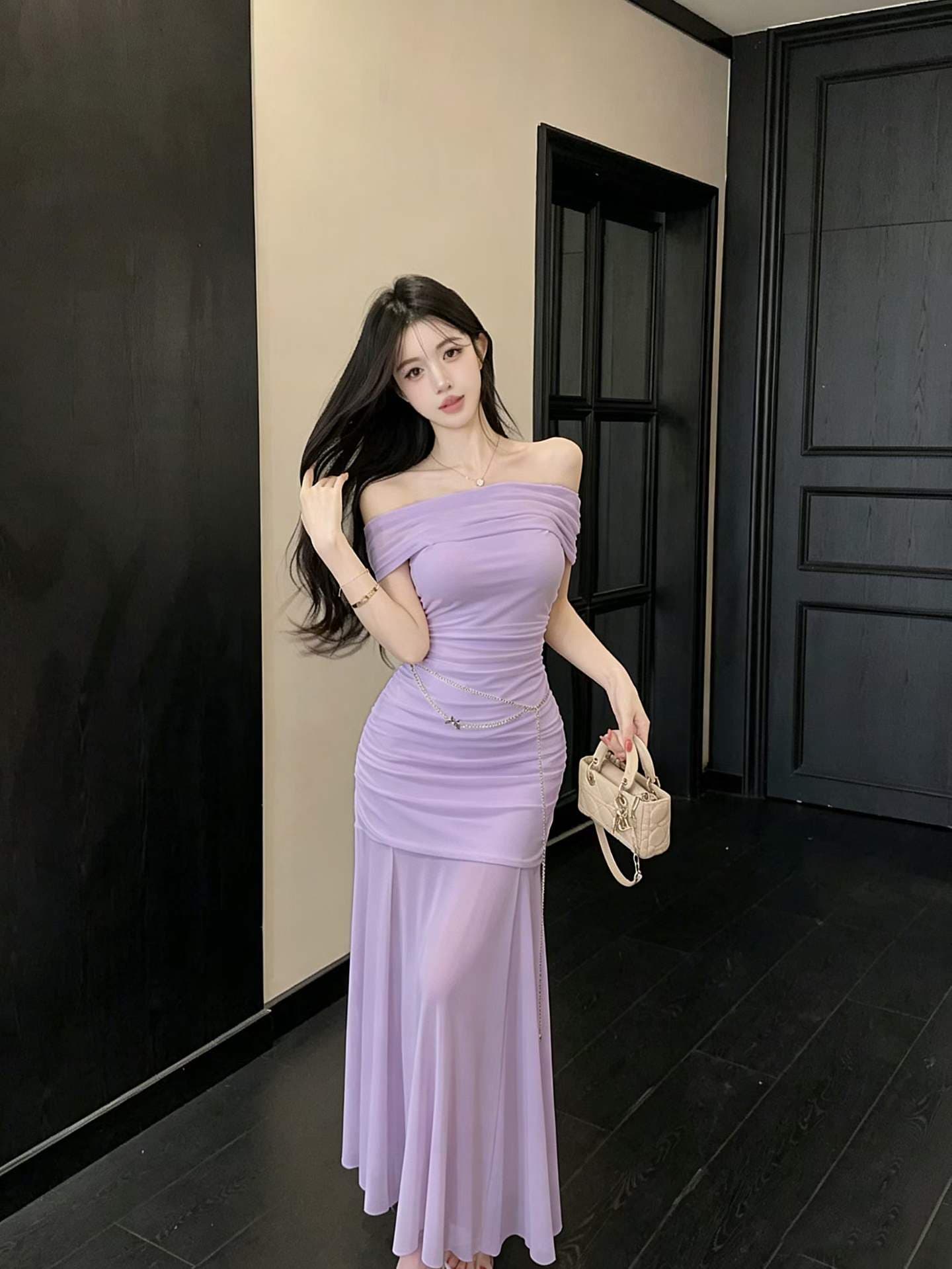 실사 섹시함 핫걸 튜브탑 망사 드레스 순수한 욕망 바람 디자인 센스 몸매 가꾸기 슬림해 보이는 오프숄더 롱 스커트 상세 이미지 12