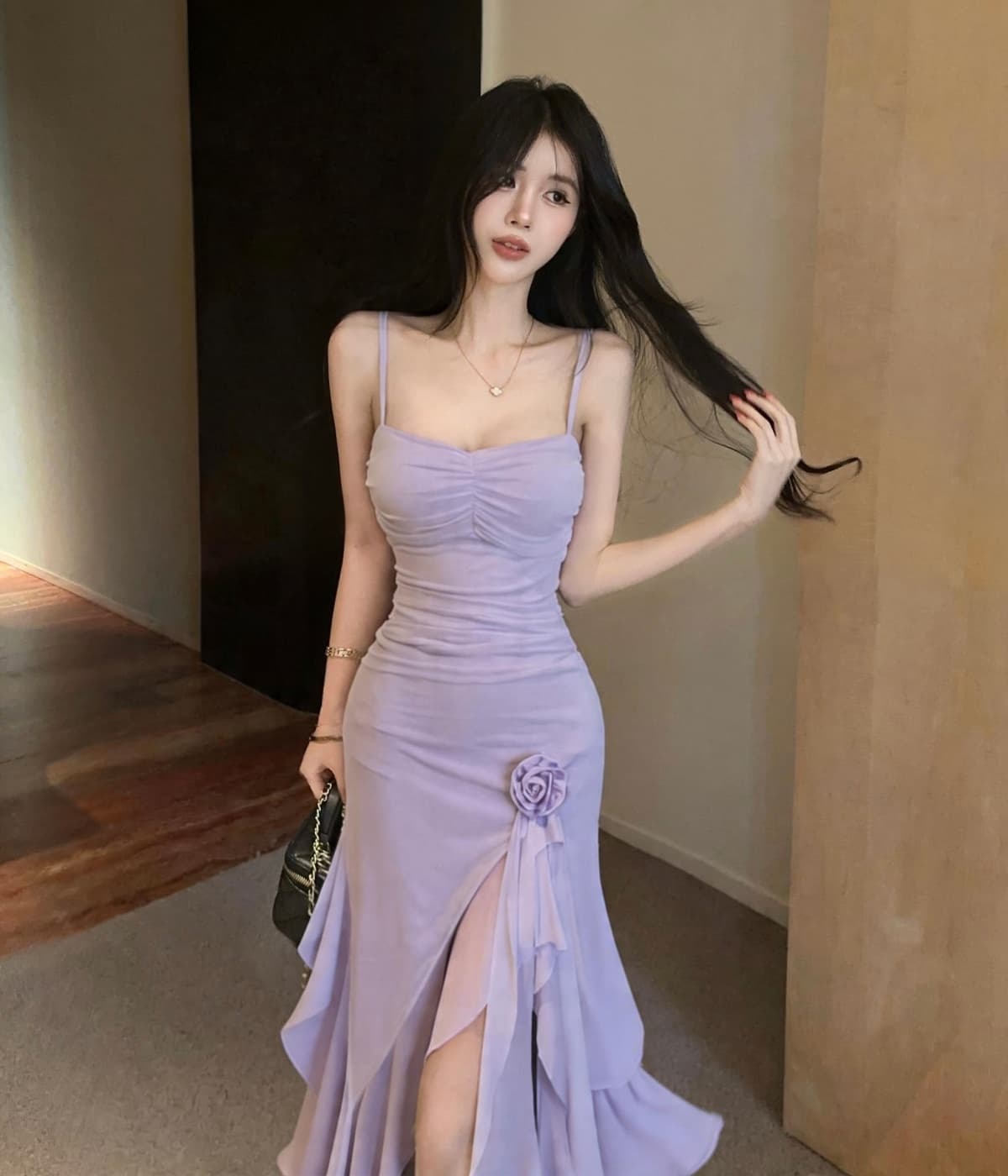 실사 순수한 욕망 핫걸 바람 꽃 불규칙 휴가 화이트 롱 스커트 트임 프릴 드레스