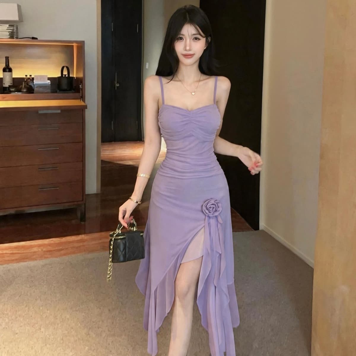 실사 순수한 욕망 핫걸 바람 꽃 불규칙 휴가 화이트 롱 스커트 트임 프릴 드레스 이미지 5