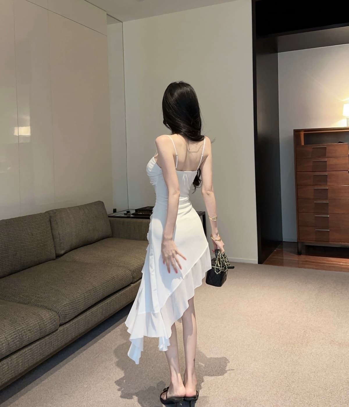 실사 순수한 욕망 핫걸 바람 꽃 불규칙 휴가 화이트 롱 스커트 트임 프릴 드레스 상세 이미지 6