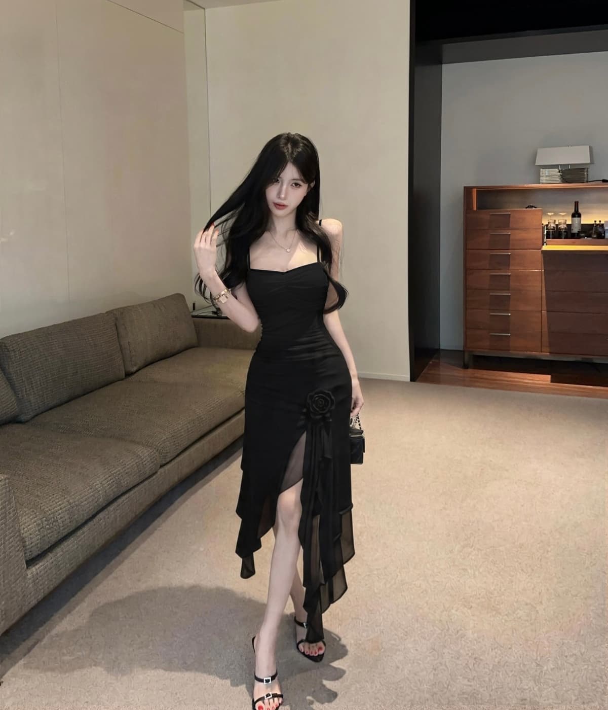 실사 순수한 욕망 핫걸 바람 꽃 불규칙 휴가 화이트 롱 스커트 트임 프릴 드레스 상세 이미지 28