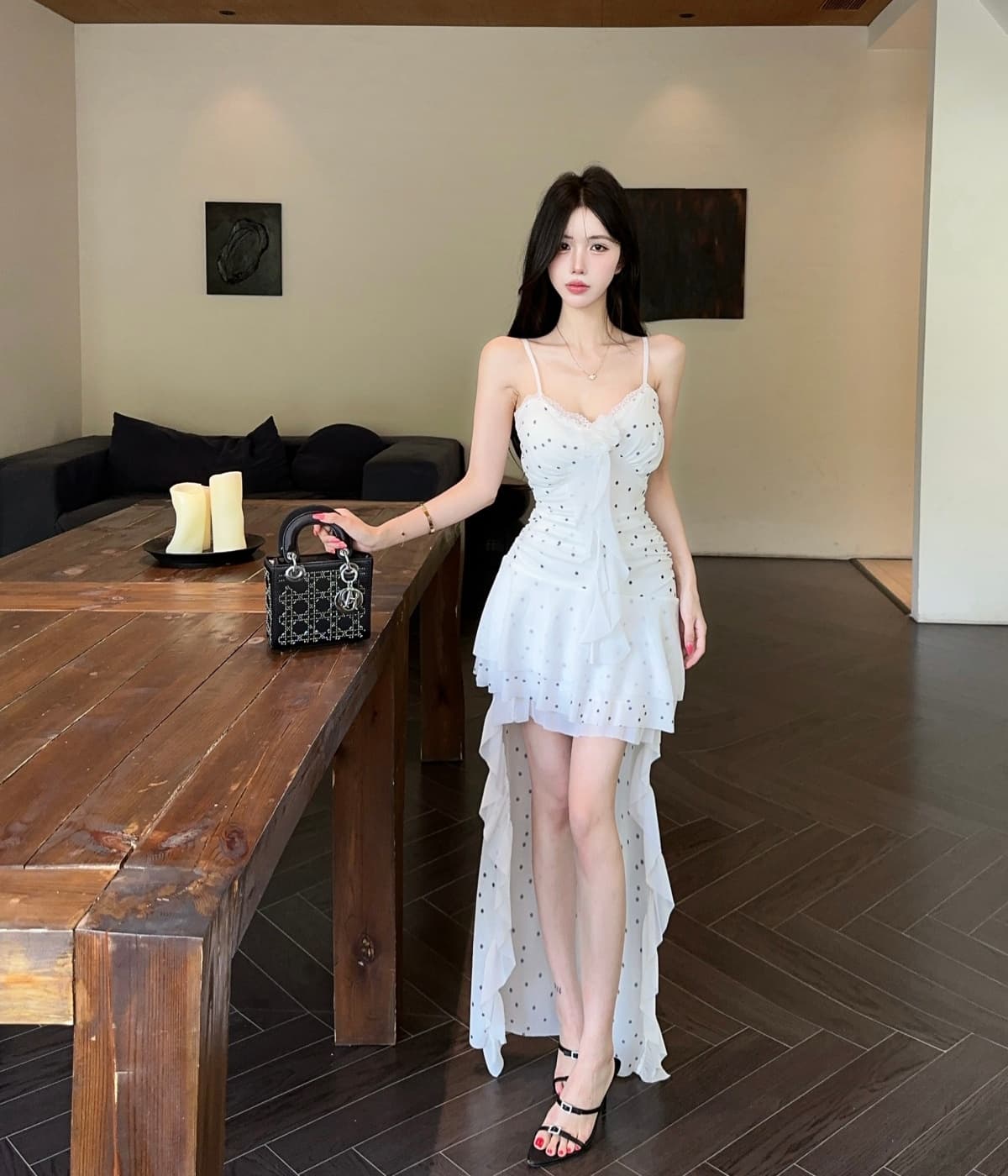 실사 섹시함 불규칙 망사 슬립 드레스 이브닝 드레스 상세 이미지 1