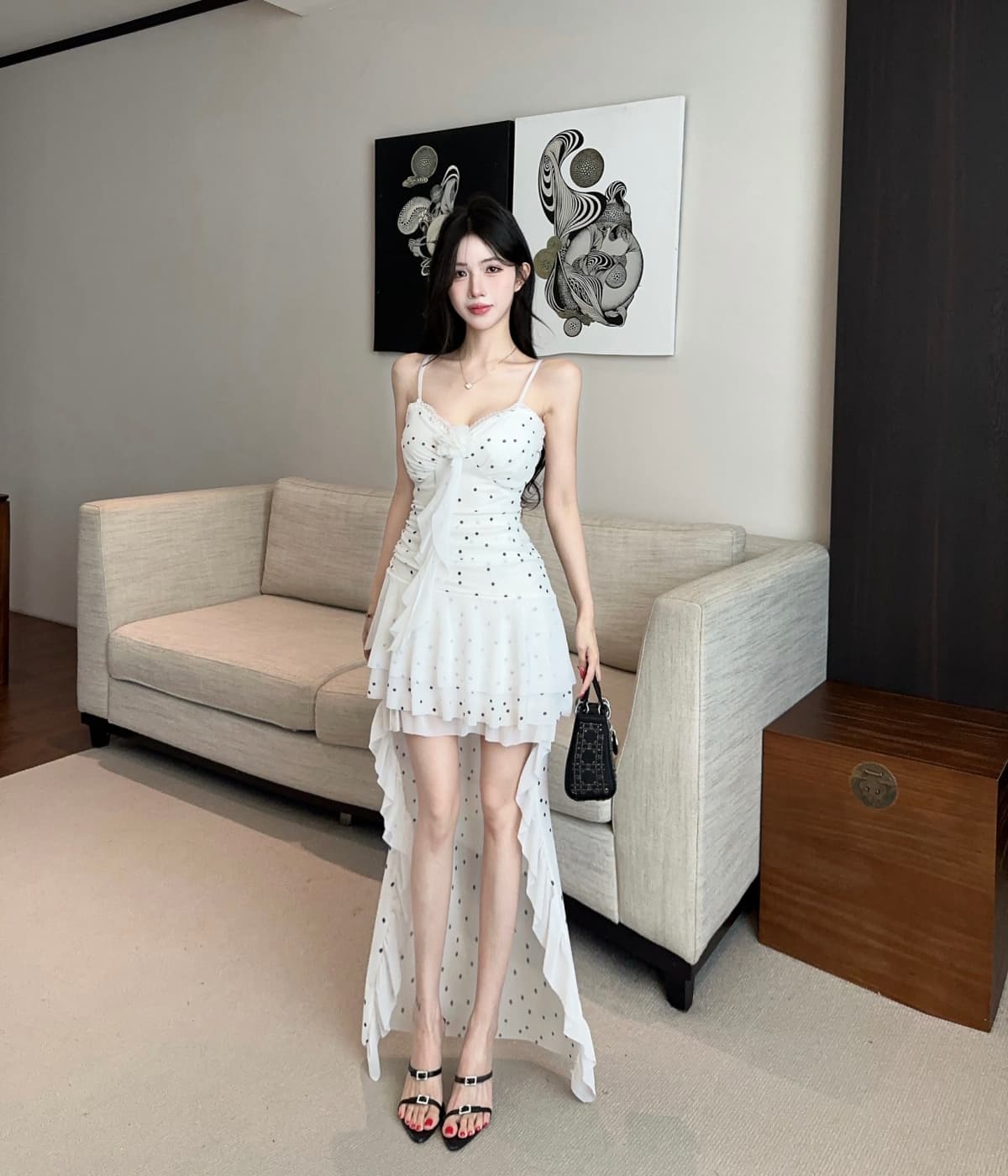실사 섹시함 불규칙 망사 슬립 드레스 이브닝 드레스 상세 이미지 9