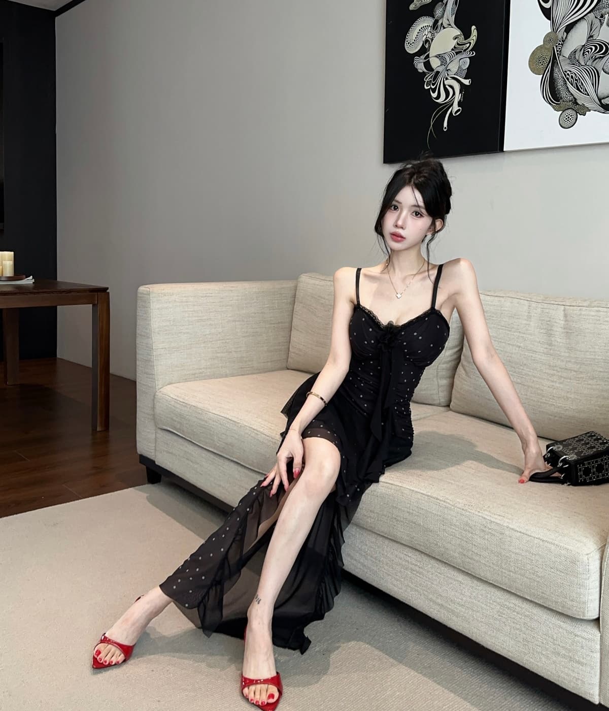 실사 섹시함 불규칙 망사 슬립 드레스 이브닝 드레스 상세 이미지 15