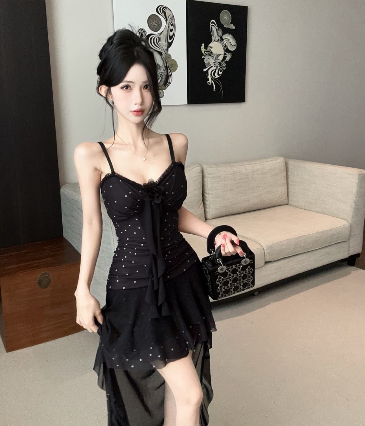 실사 섹시함 불규칙 망사 슬립 드레스 이브닝 드레스 상세 이미지 24