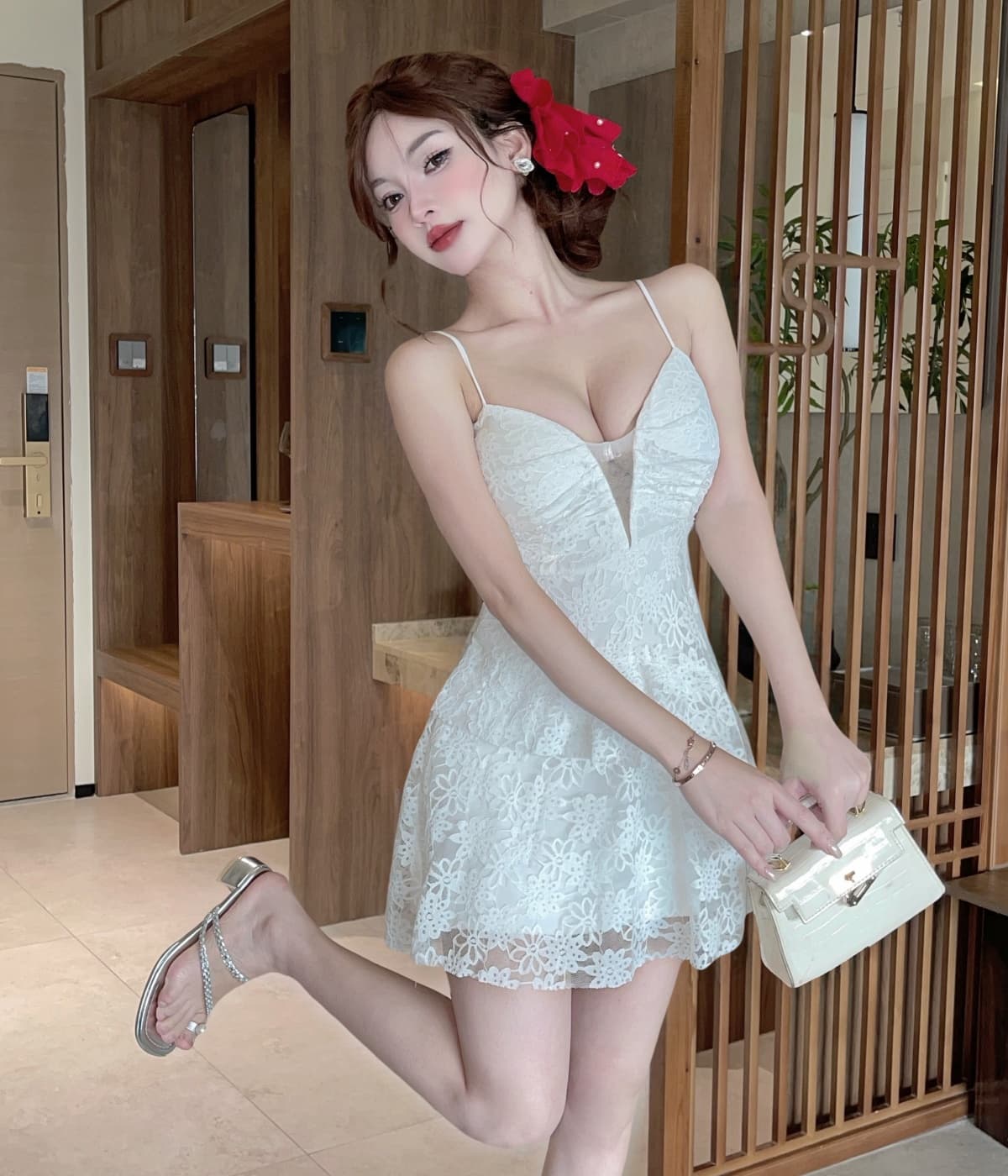 실사 달콤한 핫걸 순수한 욕망 섹시함 슬립 여성 드레스 꼬집기 허리 작은 치마 품격 허리 수축 레이스 치마 상세 이미지 4