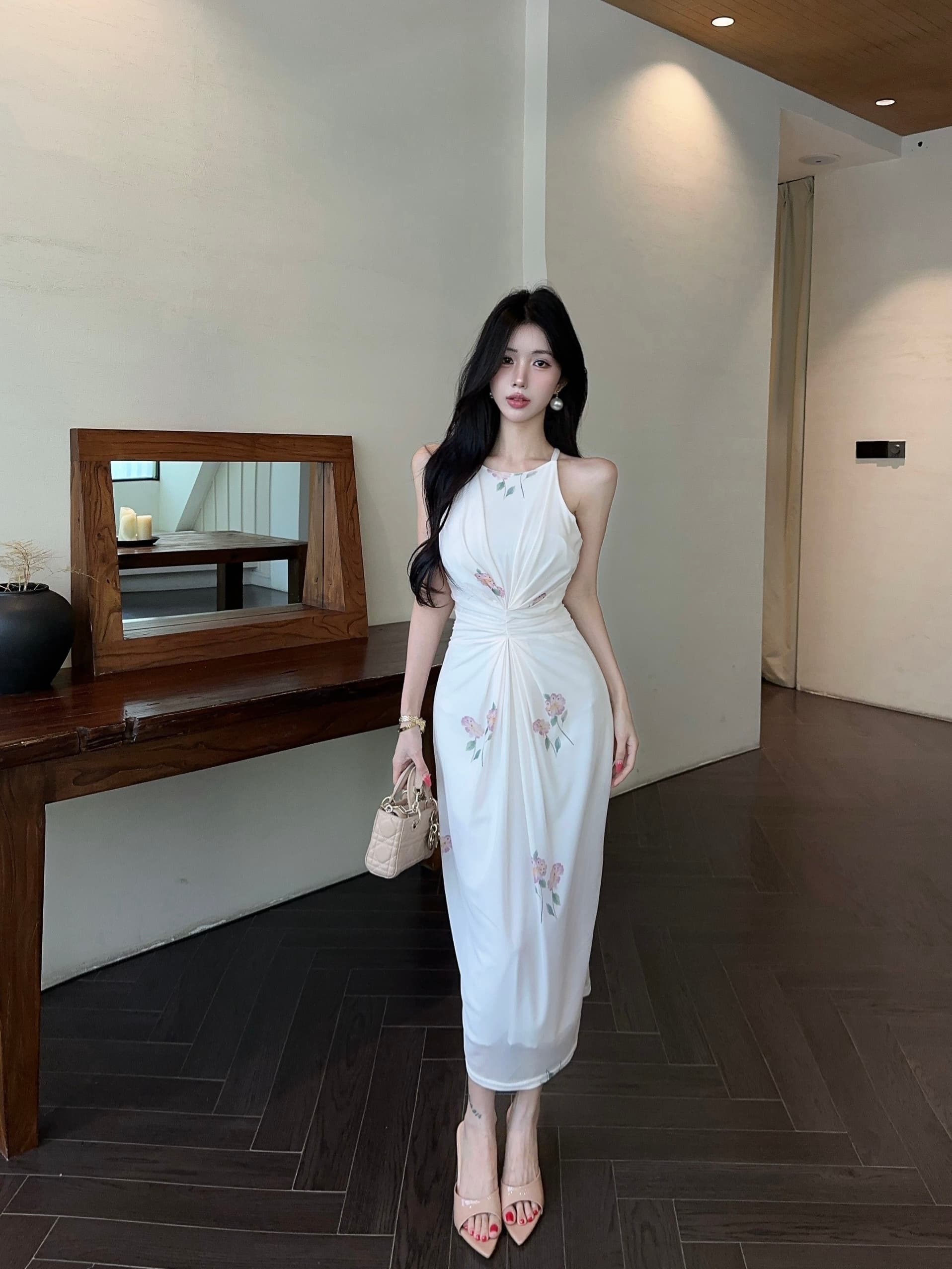 실사 고급 센스 망사 프린트 섹시함 허리 수축 행침 목 작은 심장 기계 섹시함 슬립 몸매 가꾸기 드레스 상세 이미지 1