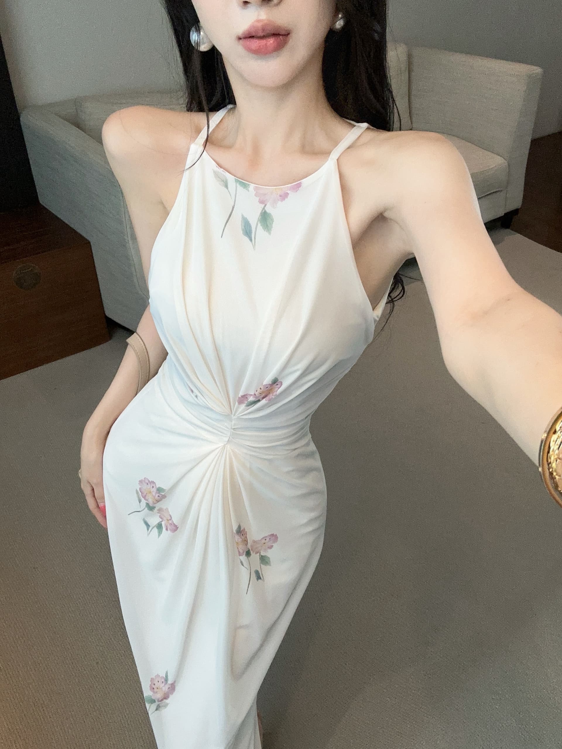 실사 고급 센스 망사 프린트 섹시함 허리 수축 행침 목 작은 심장 기계 섹시함 슬립 몸매 가꾸기 드레스 상세 이미지 5