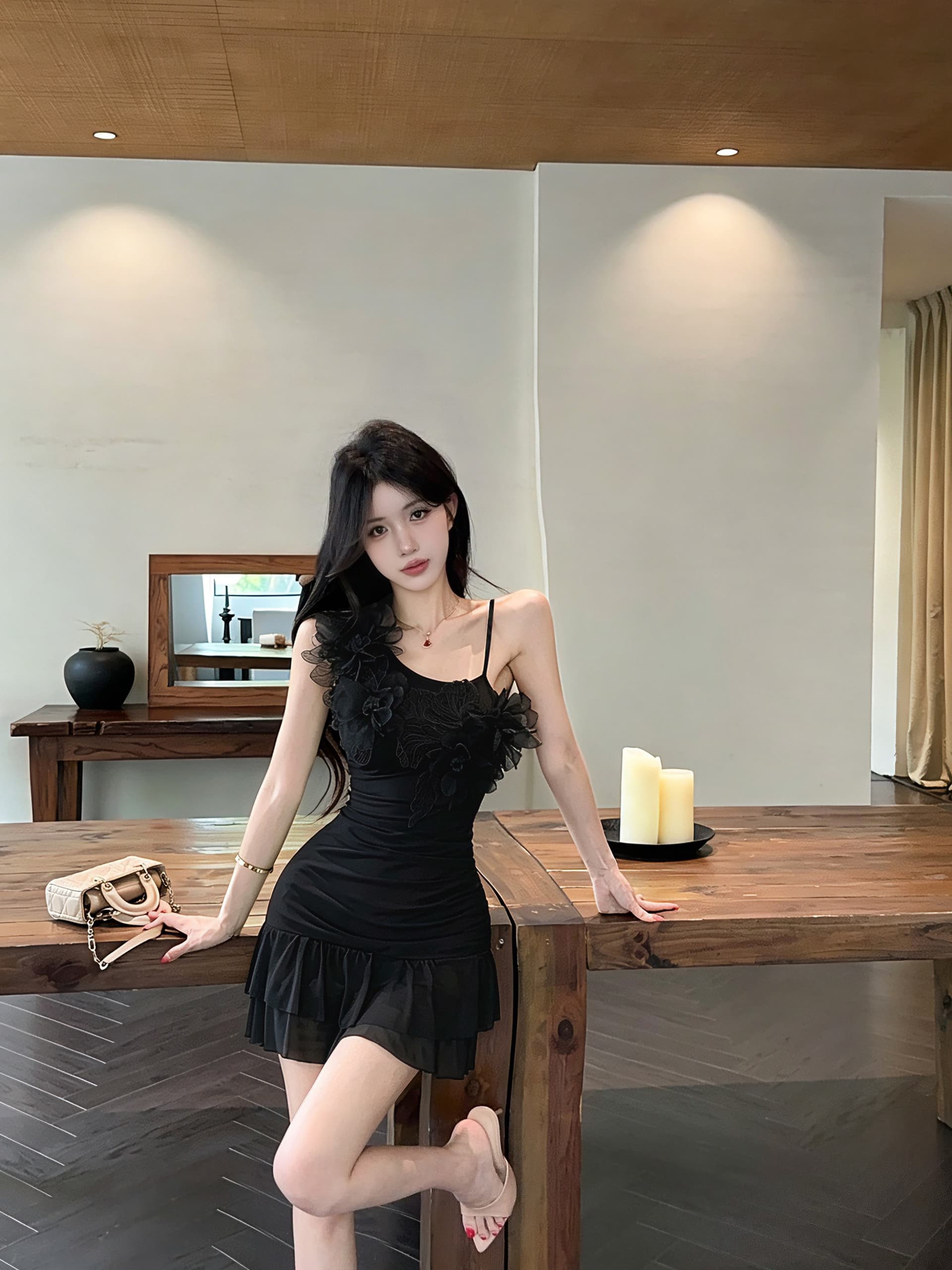 실사 부드러운 바람 숙녀 품격 망사 주름 꼬집기 허리 비스듬한 어깨 슬립 드레스 상세 이미지 7