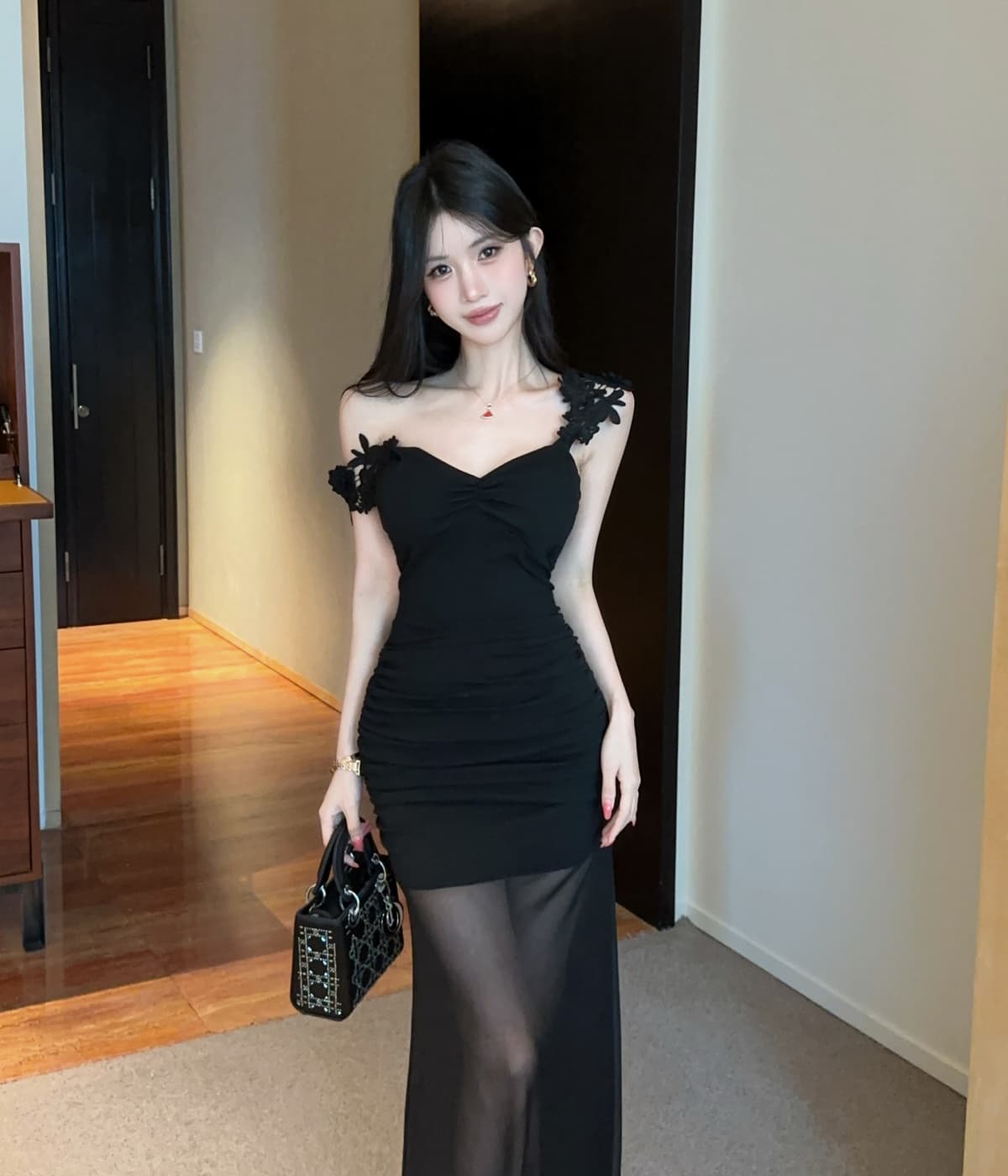 실사 섹시함 V넥 낮은 가슴 달콤함 품격 망사 롱 코트 드레스 상세 이미지 4