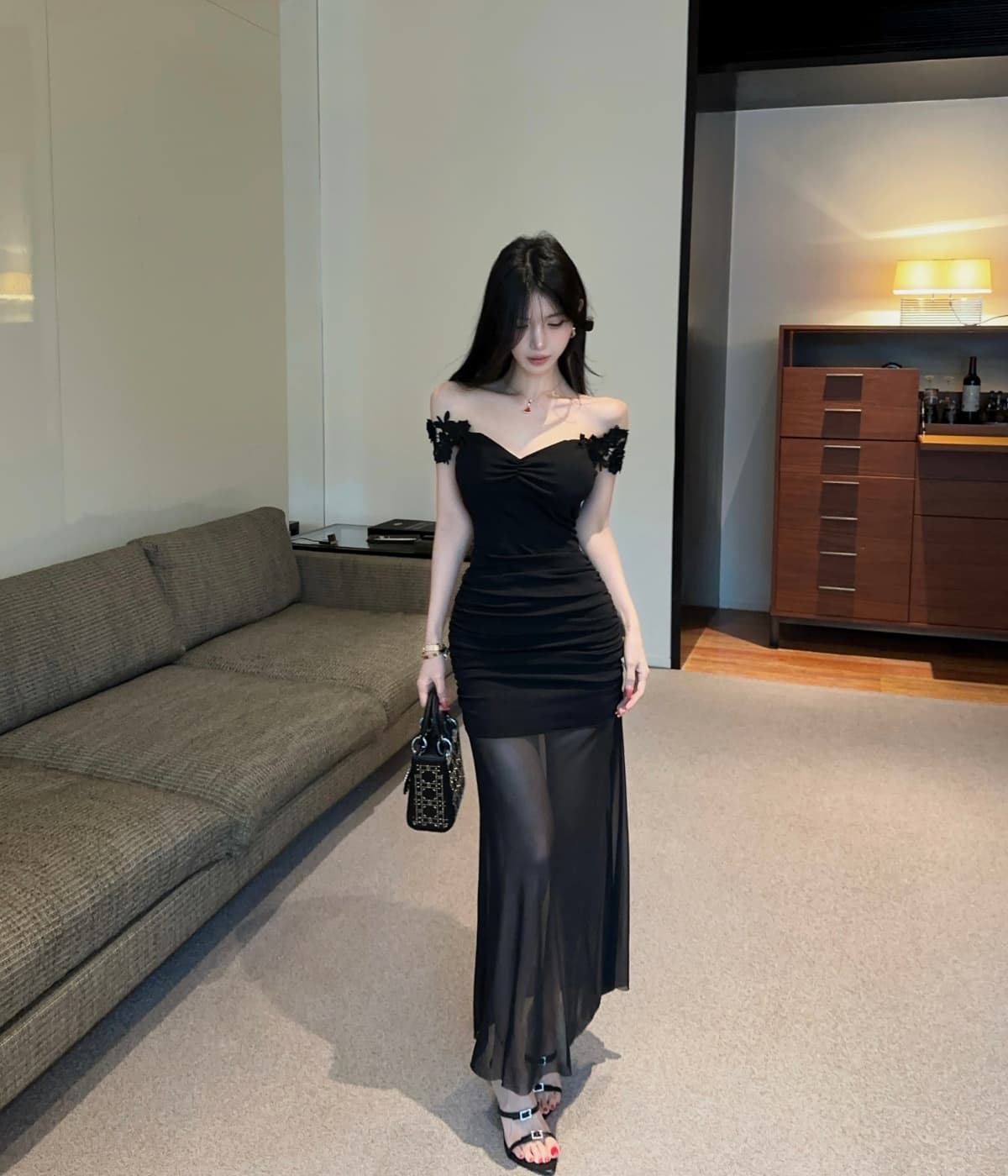 실사 섹시함 V넥 낮은 가슴 달콤함 품격 망사 롱 코트 드레스 상세 이미지 6