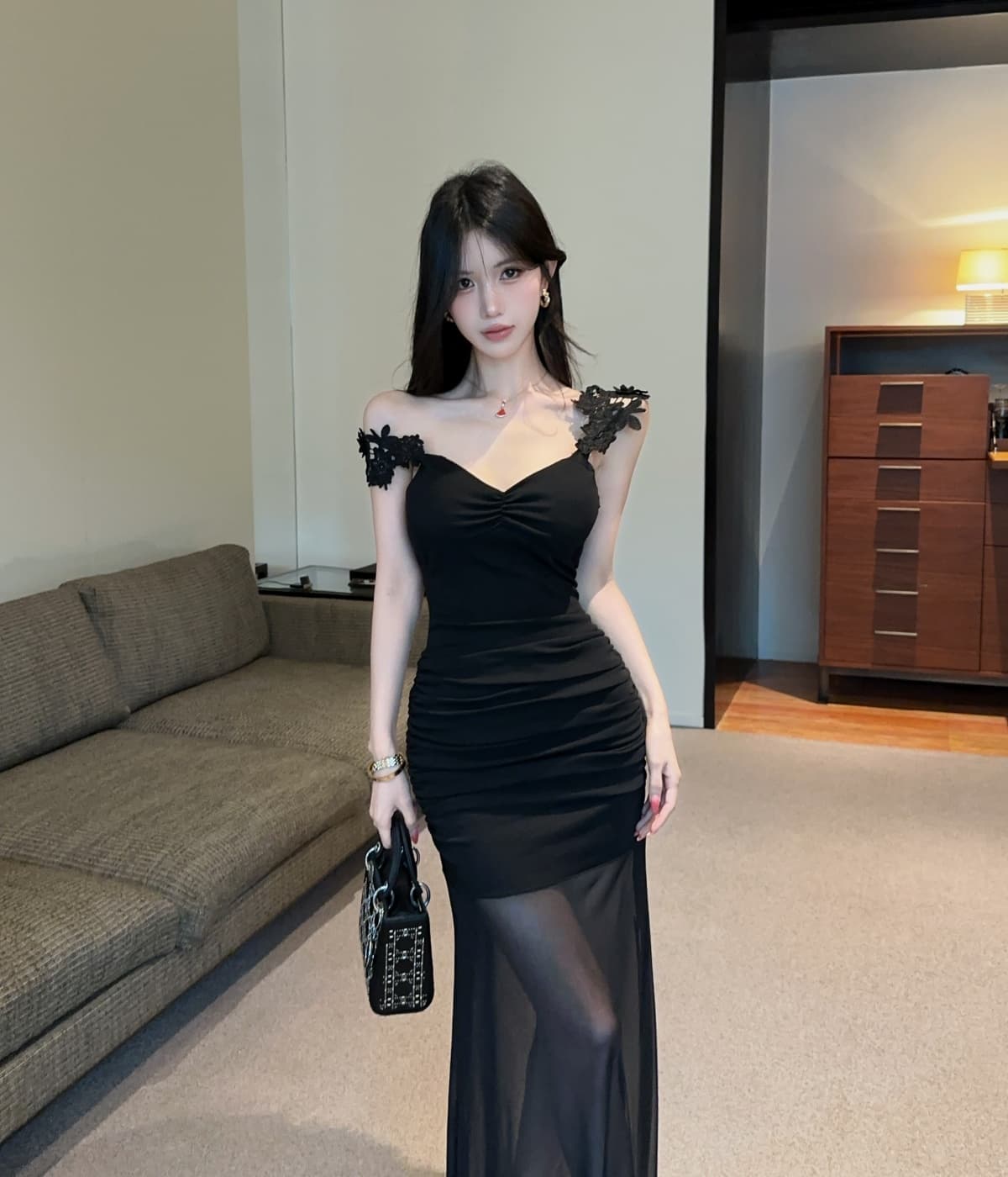 실사 섹시함 V넥 낮은 가슴 달콤함 품격 망사 롱 코트 드레스 상세 이미지 7