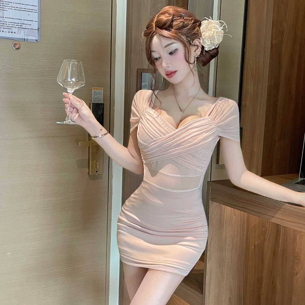 실사 섹시함 주름 단색 망사 슬립 오프숄더 드레스 이미지 5