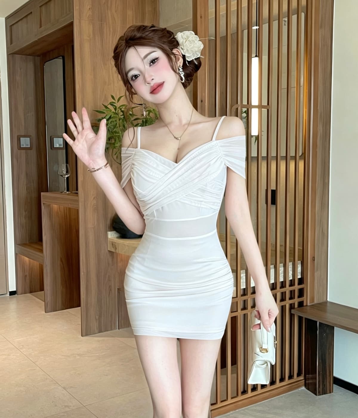 실사 섹시함 주름 단색 망사 슬립 오프숄더 드레스 상세 이미지 8