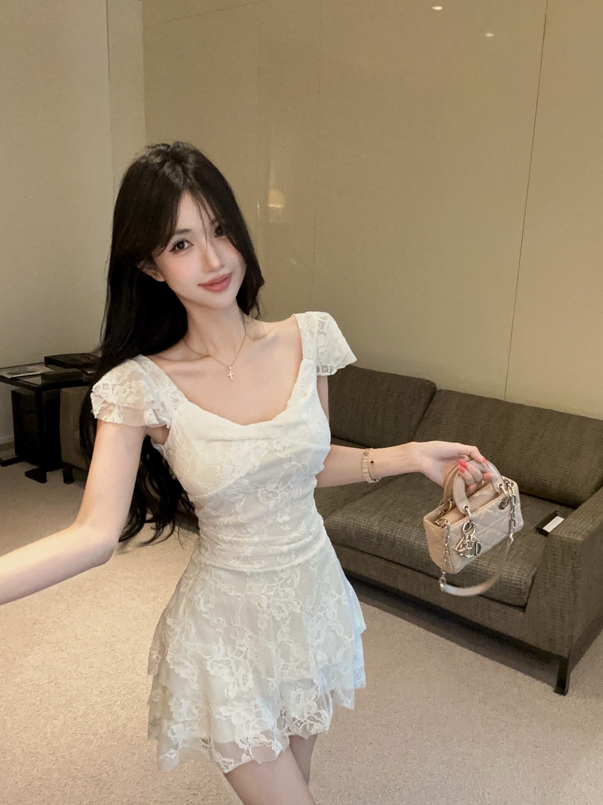 실사 프랑스식 레트로 섹시함 깊은 V 넥 레이스 망사 여성 드레스 여름 품격 허리 수축 슬림해 보이는 상세 이미지 5