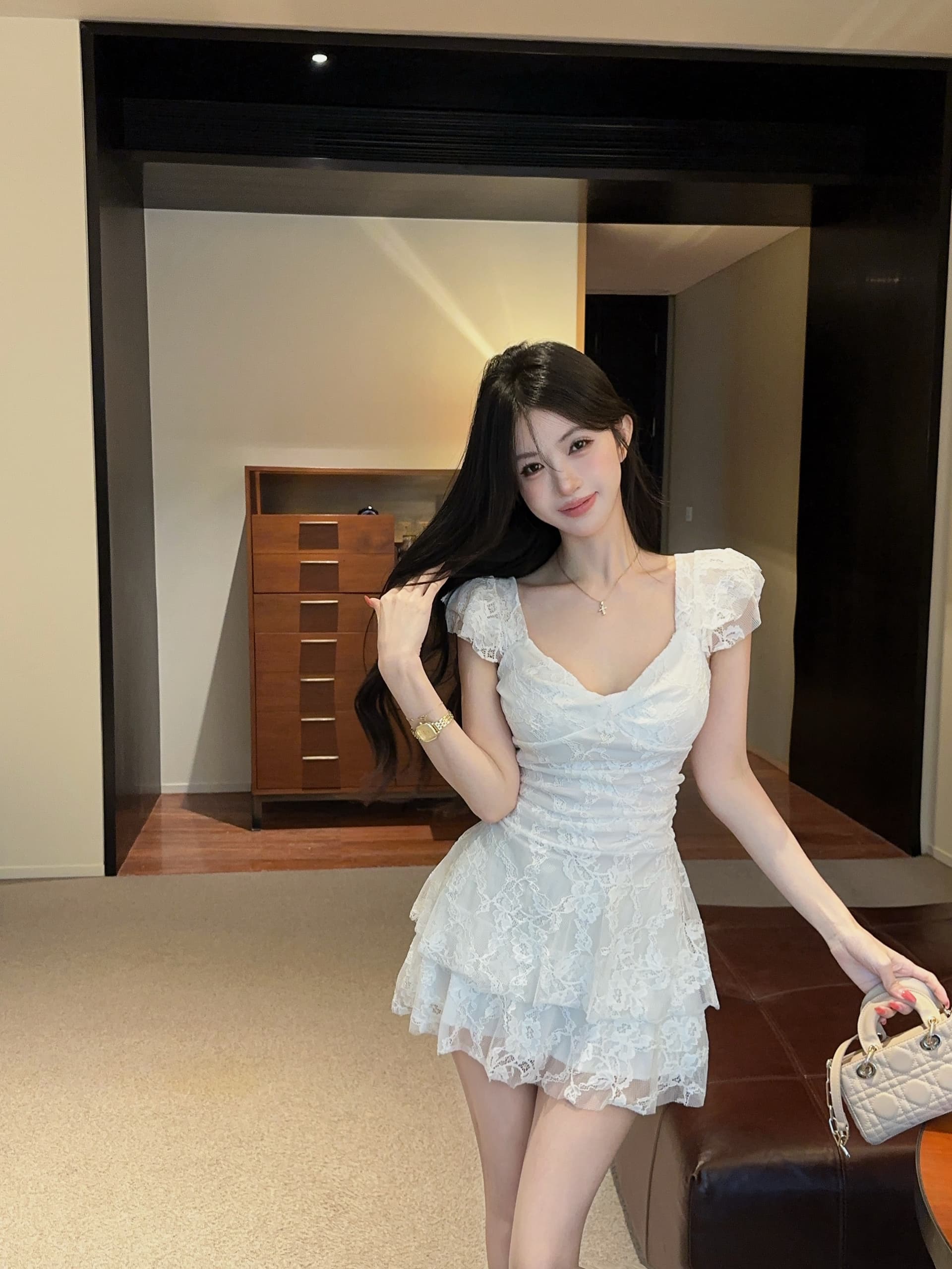 실사 프랑스식 레트로 섹시함 깊은 V 넥 레이스 망사 여성 드레스 여름 품격 허리 수축 슬림해 보이는 상세 이미지 6