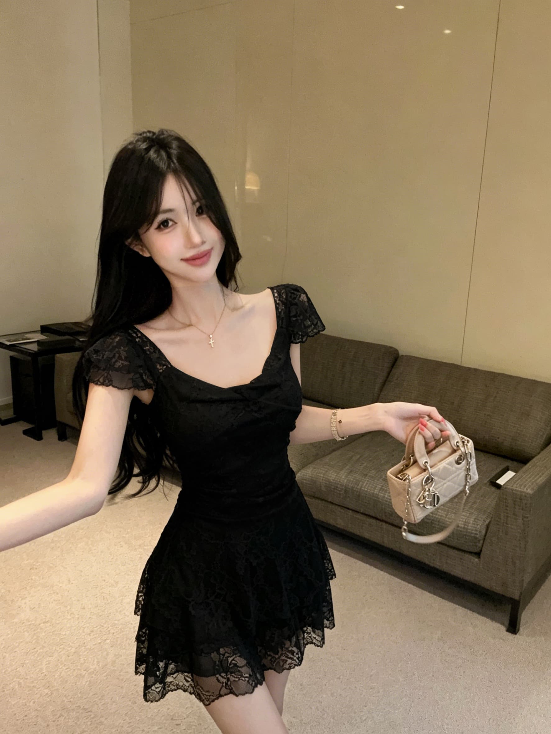 실사 프랑스식 레트로 섹시함 깊은 V 넥 레이스 망사 여성 드레스 여름 품격 허리 수축 슬림해 보이는 상세 이미지 9
