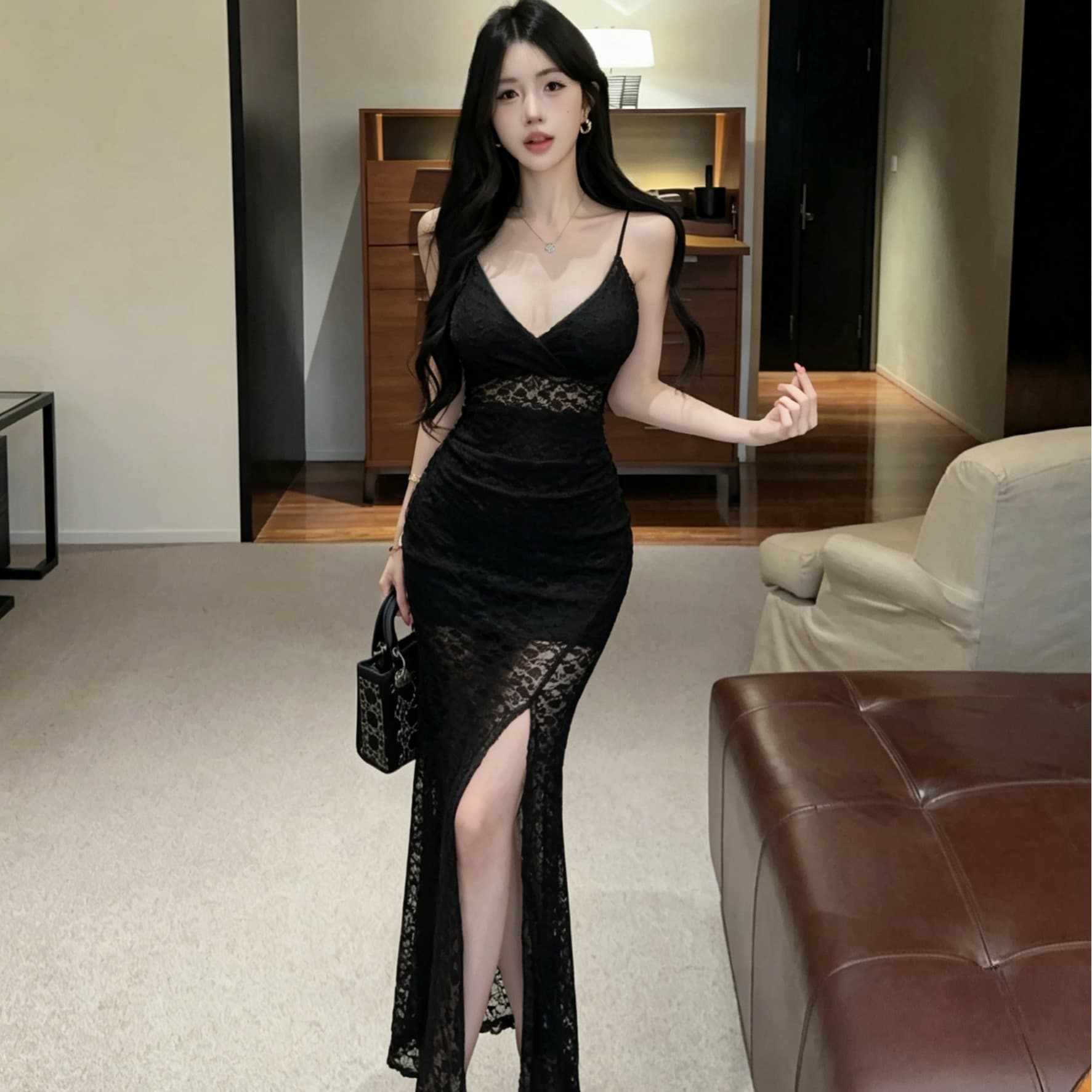 실사 순수한 욕망 바람 레이스 슬립 드레스 낮은 가슴 v 칼라 허리 수축 슬림해 보이는 트임 롱 스커트