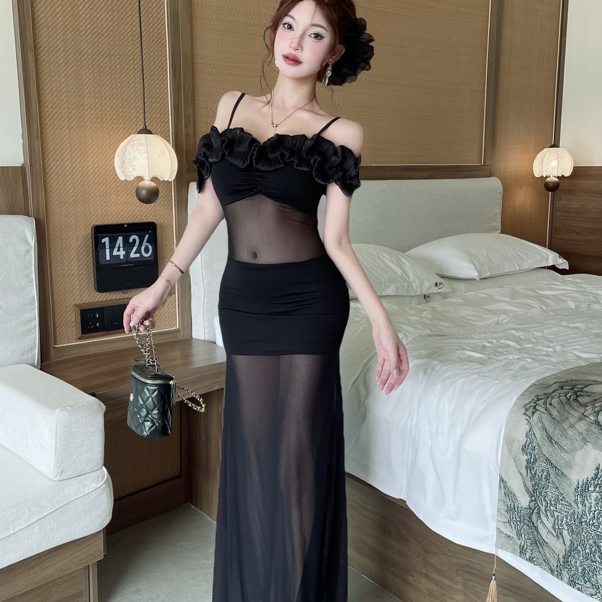 실사 섹시함 롱 코트 하프 시스루 망사 슬립 꽃 패치워크 드레스 복장 이미지 5