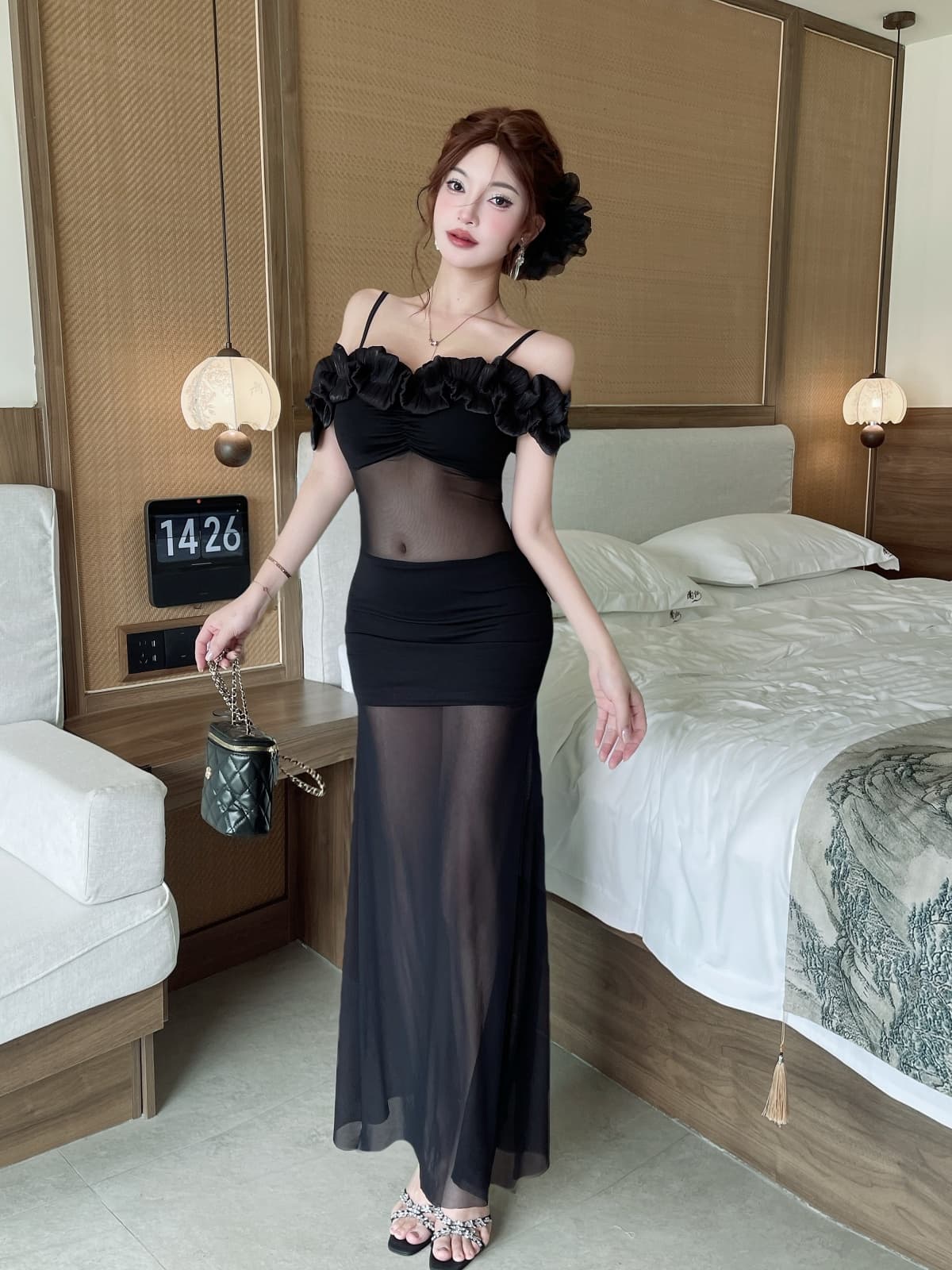 실사 섹시함 롱 코트 하프 시스루 망사 슬립 꽃 패치워크 드레스 복장 상세 이미지 9