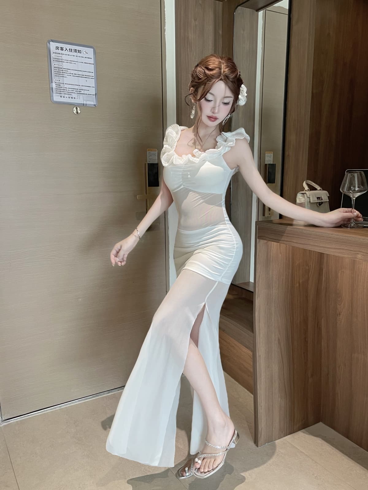 실사 섹시함 롱 코트 하프 시스루 망사 슬립 꽃 패치워크 드레스 복장 상세 이미지 12