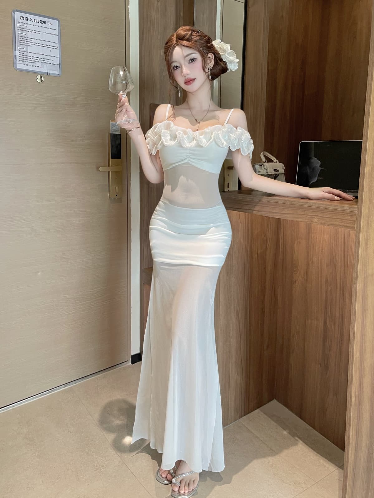 실사 섹시함 롱 코트 하프 시스루 망사 슬립 꽃 패치워크 드레스 복장 상세 이미지 13