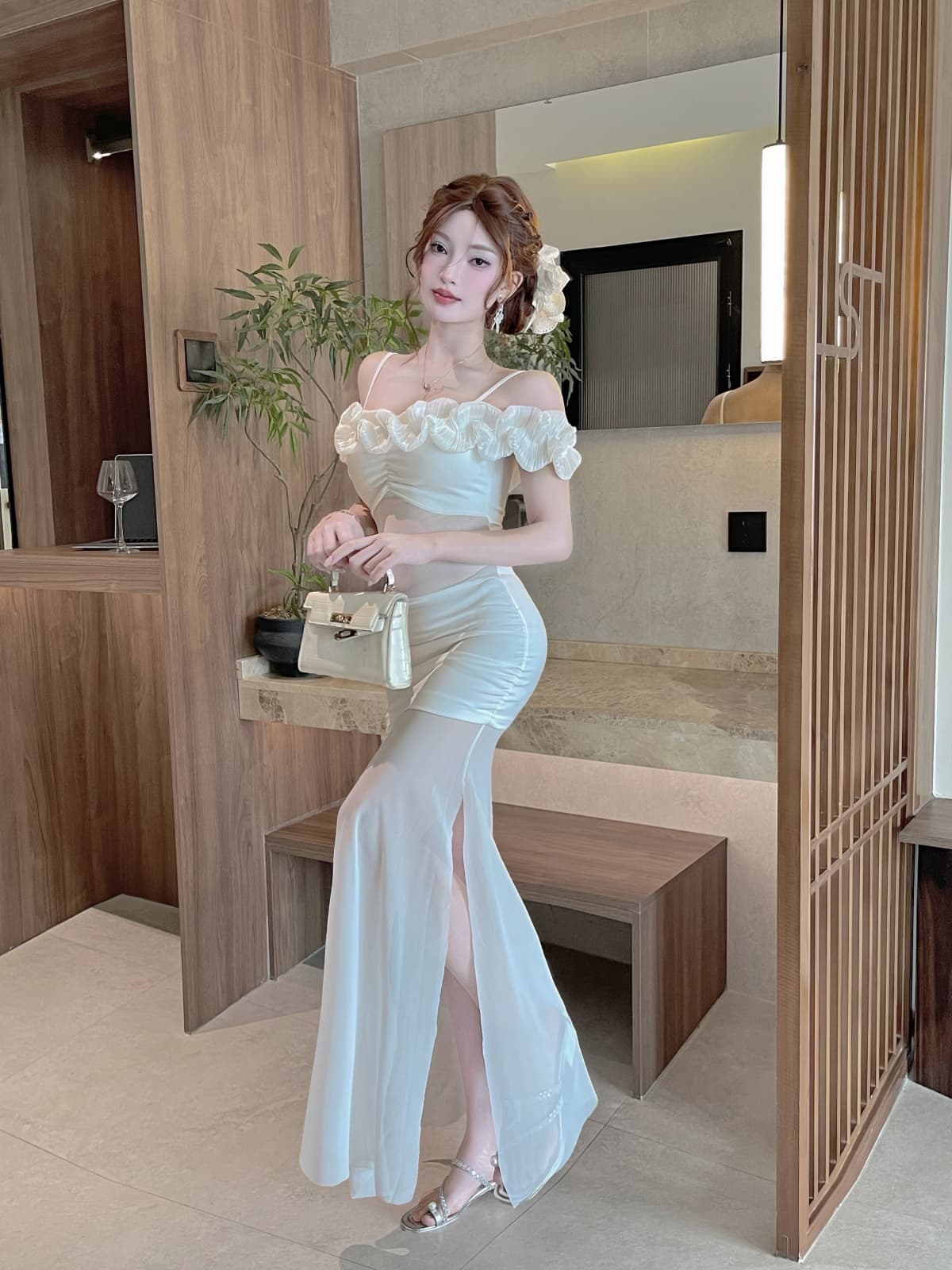실사 섹시함 롱 코트 하프 시스루 망사 슬립 꽃 패치워크 드레스 복장 상세 이미지 15