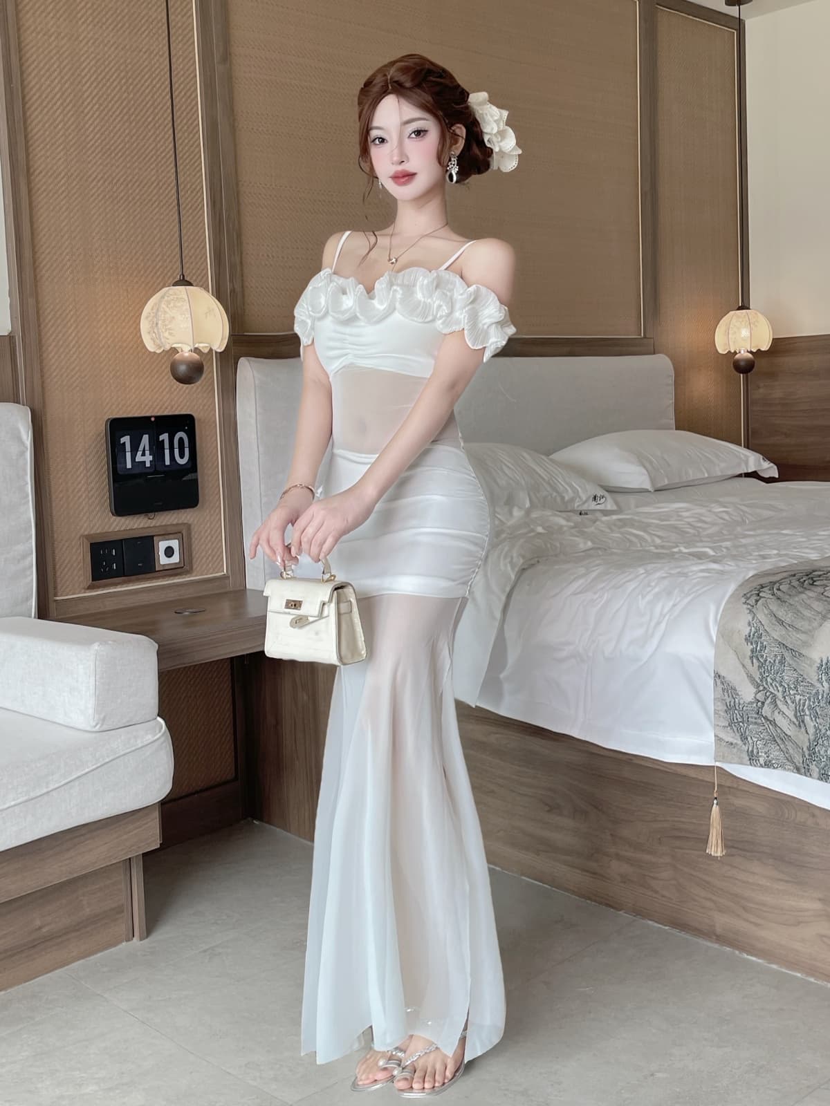 실사 섹시함 롱 코트 하프 시스루 망사 슬립 꽃 패치워크 드레스 복장 상세 이미지 20